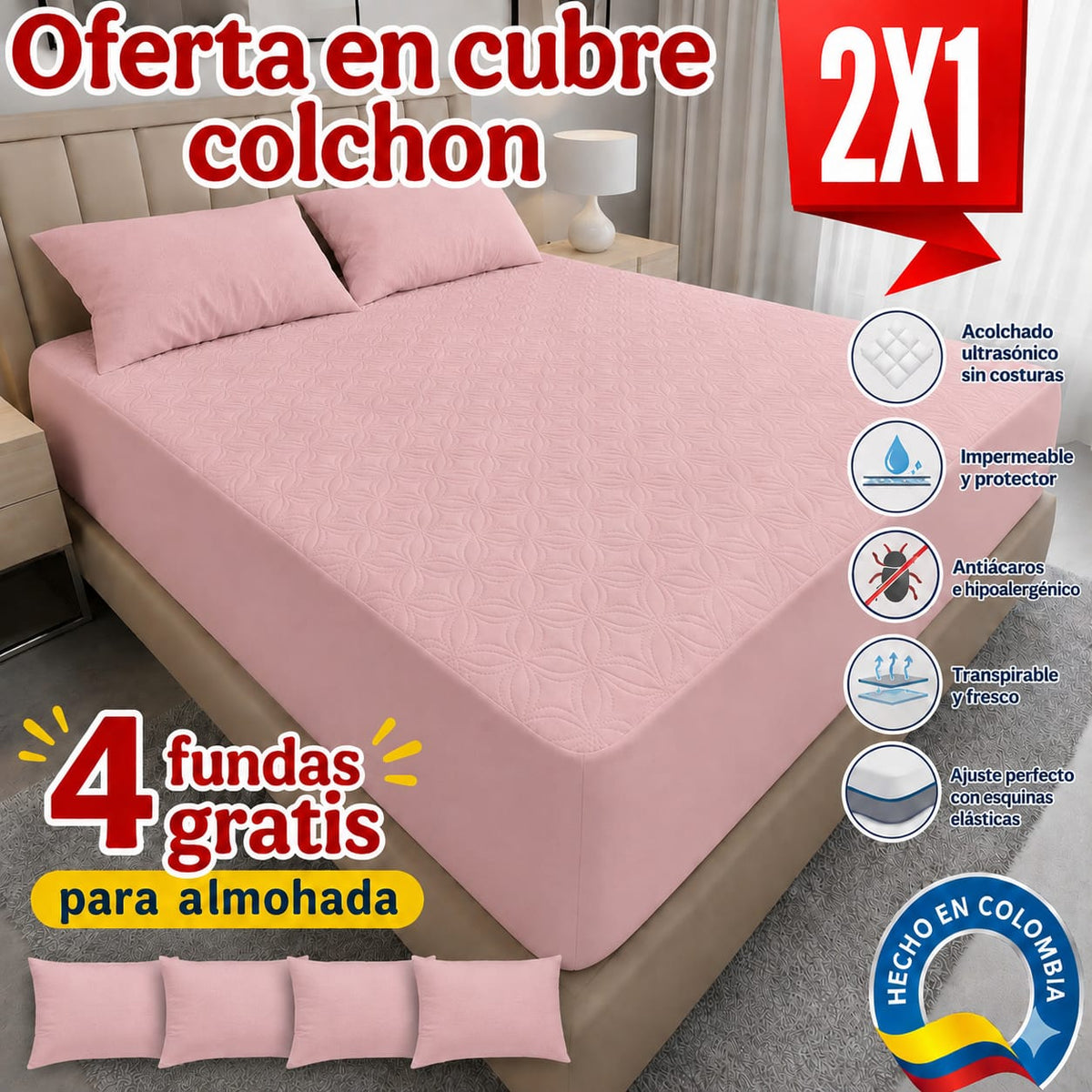 OFERTA EN CUBRECOLCHONES: PAGUE 1 LLEVE 2 + 4 FUNDAS DE ALMOHADA GRATIS